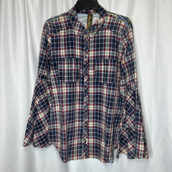 Aratta Silent Journey Tops - ARATTA Silent Journey Womens Plaid Flannel Button Down Shirt M Boho Western Bell